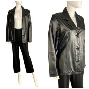 Vintage classic black leather notched collar button minimal blazer Jacket M